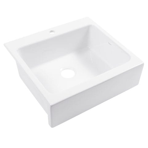 A glossy white rectangular Quick-Fit® drop-in farmhouse sink made in fireclay with 1 faucet hole and a 3.5" drain hole.