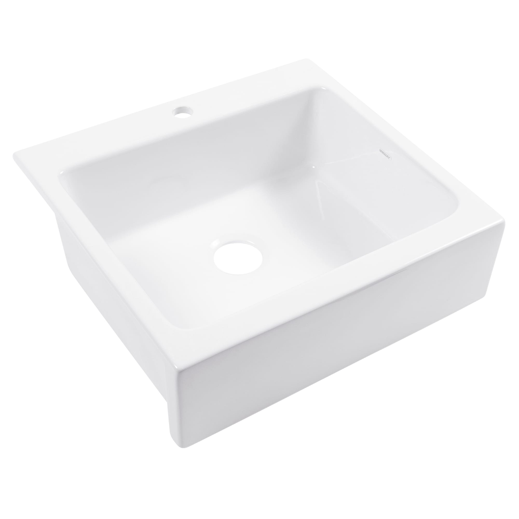 A glossy white rectangular Quick-Fit® drop-in farmhouse sink made in fireclay with 1 faucet hole and a 3.5" drain hole.