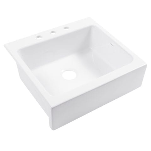 A glossy white rectangular Quick-Fit® drop-in farmhouse sink made in fireclay with 3 faucet holes and a 3.5" drain hole.