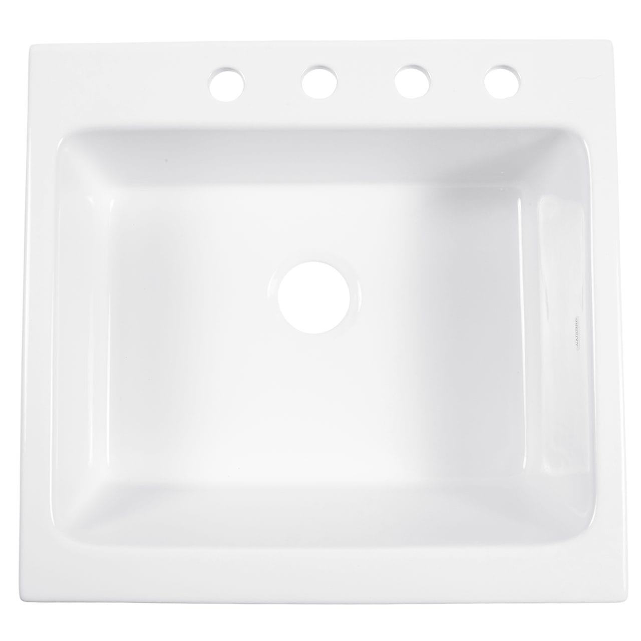 A glossy white rectangular Quick-Fit® drop-in farmhouse sink made in fireclay with 4 faucet holes and a 3.5" drain hole.