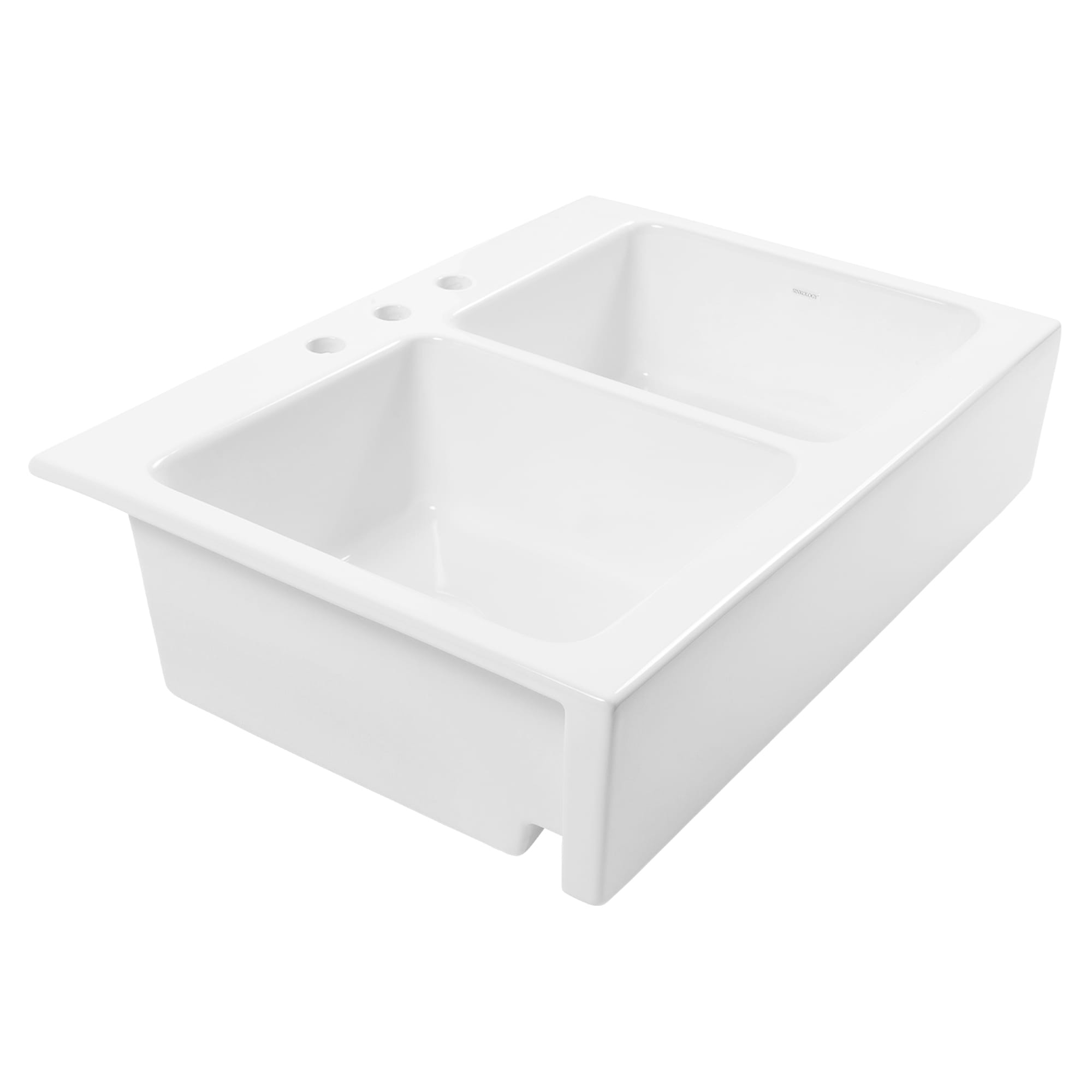 A glossy white rectangular Quick-Fit® double bowl drop-in farmhouse sink made in fireclay with 3 faucet holes and a 3.5" drain hole.