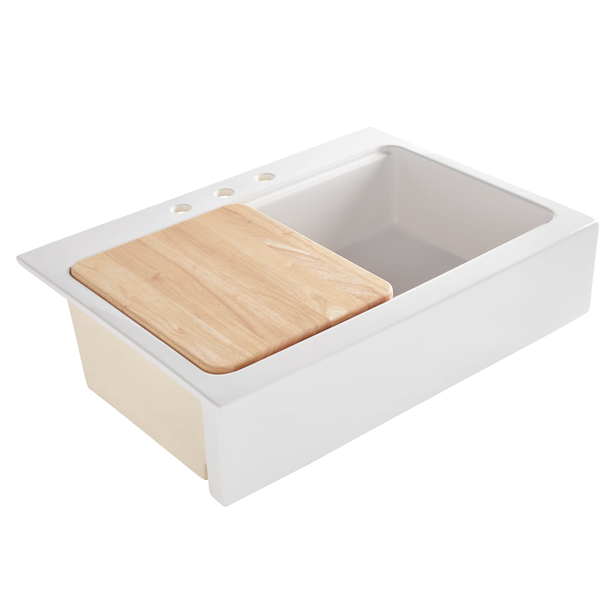 A glossy white rectangular Quick-Fit® drop-in workstation farmhouse sink made in fireclay with 3 faucet holes, wood cutting board and a 3.5" drain hole.
