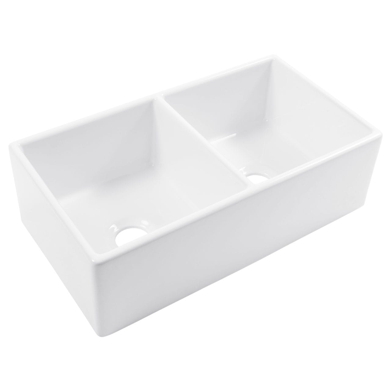 A glossy white rectangular double bowl undermount farmhouse sink made in fireclay.