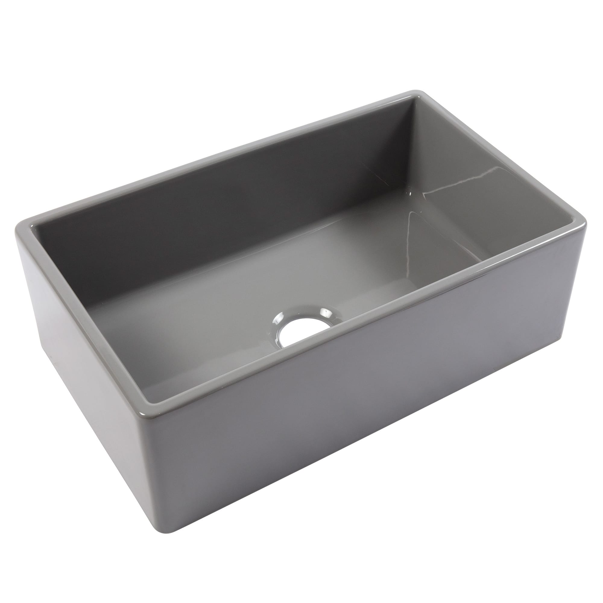 A glossy gray rectangular undermount farmhouse sink made in fireclay with a 3.5" drain hole.