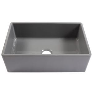 A glossy gray rectangular undermount farmhouse sink made in fireclay with a 3.5" drain hole.