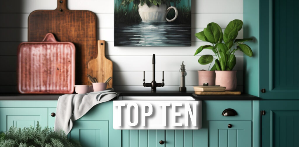 Top Ten banner that has a farmhouse sink installed into cabinets. The sink has top ten written on it.