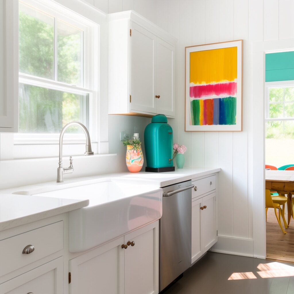 white farmhouse with a pop of color from an painting hung on the wall