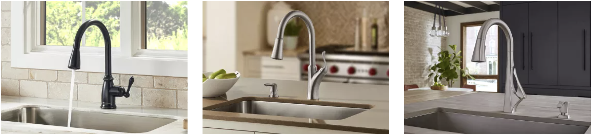 three pfister faucets showing traditional, transitional & contemporary styles.