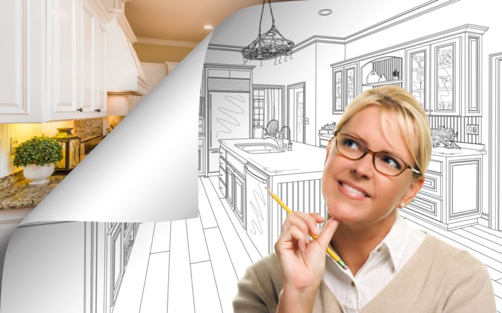 Woman Facing Kitchen Drawing Page Corner Flipping with Photo Behind.
