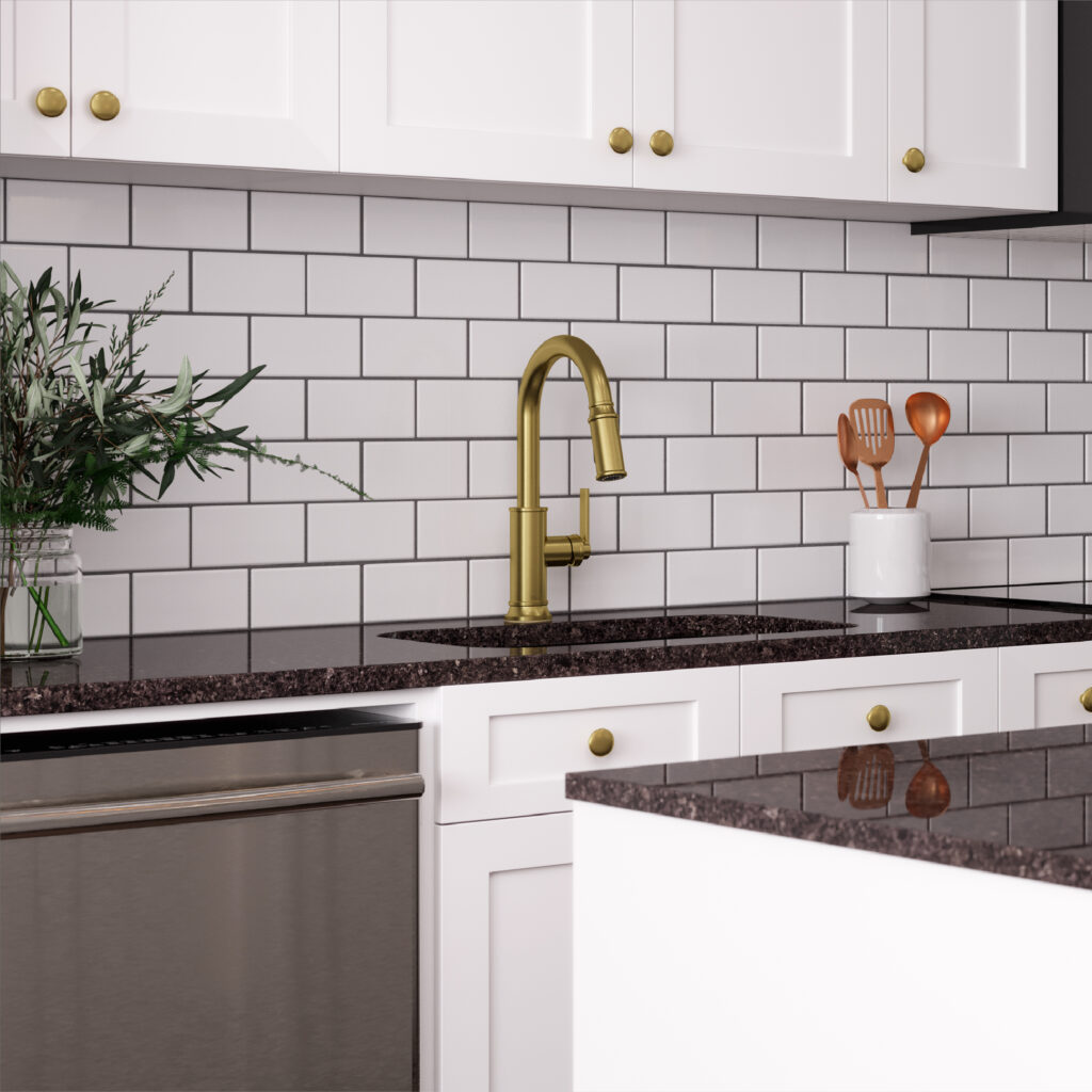 Kitchen featuring a Pfister faucet. 