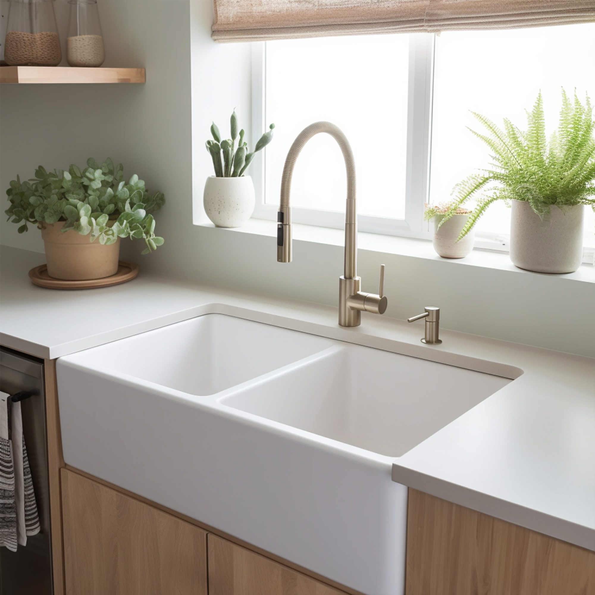 Large double bowl farmhouse sink in front of window