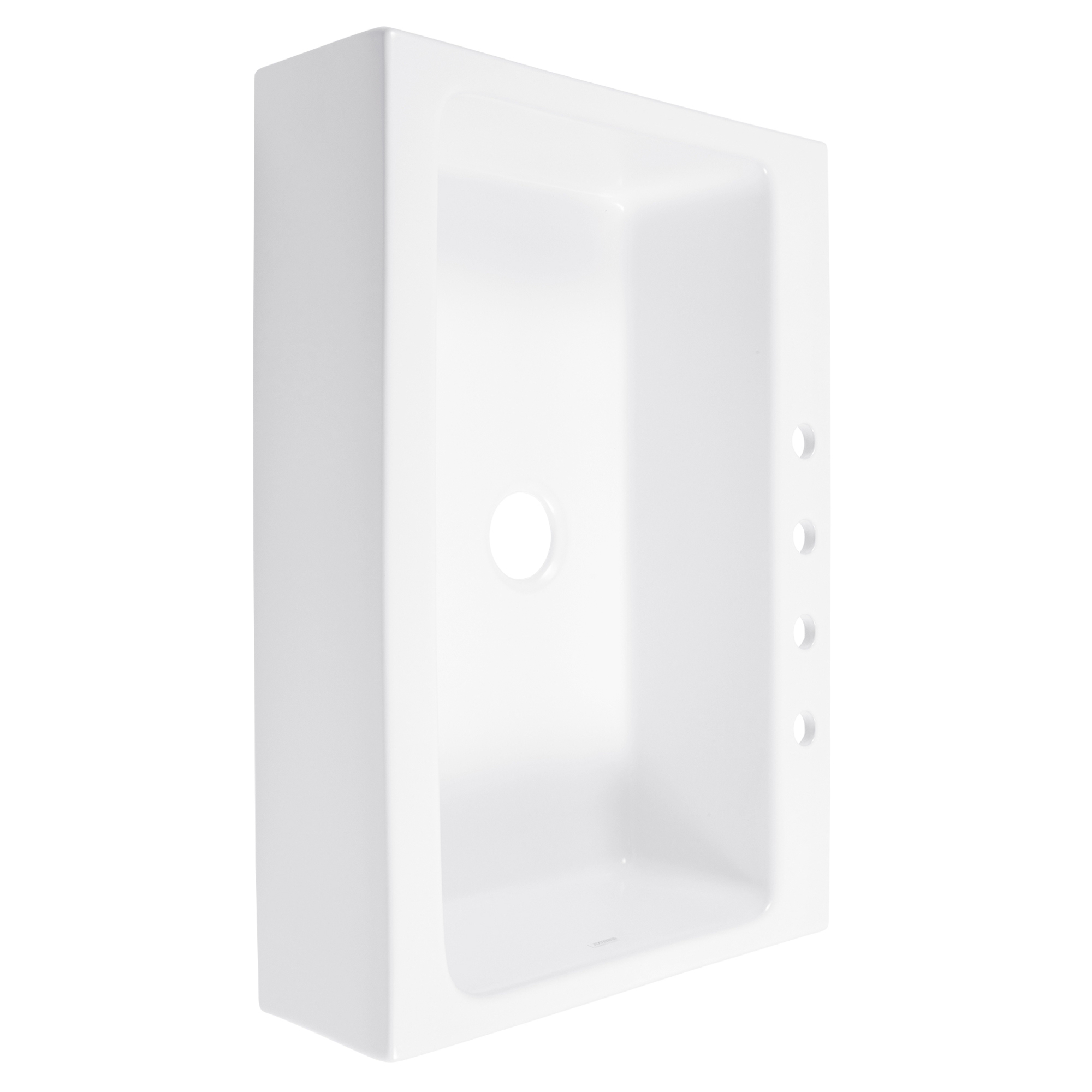 A glossy white rectangular Quick-Fit® drop-in farmhouse sink made in fireclay with 3 faucet holes and a 3.5" drain hole.