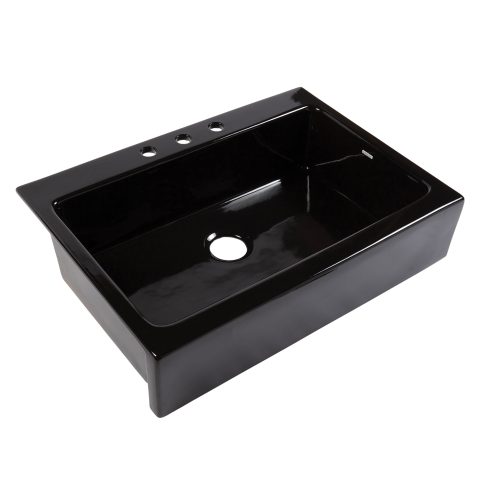 A glossy black rectangular Quick-Fit® drop-in farmhouse sink made in fireclay with 3 faucet holes and a 3.5" drain hole.