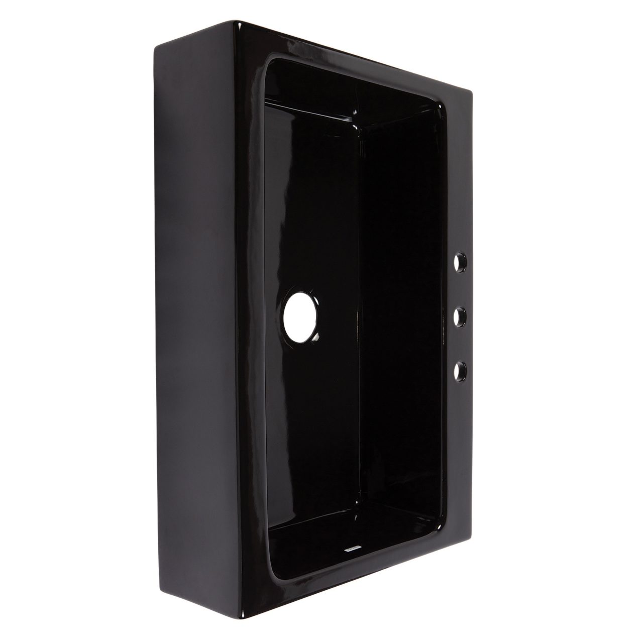 A glossy black rectangular Quick-Fit® drop-in farmhouse sink made in fireclay with 3 faucet holes and a 3.5" drain hole.