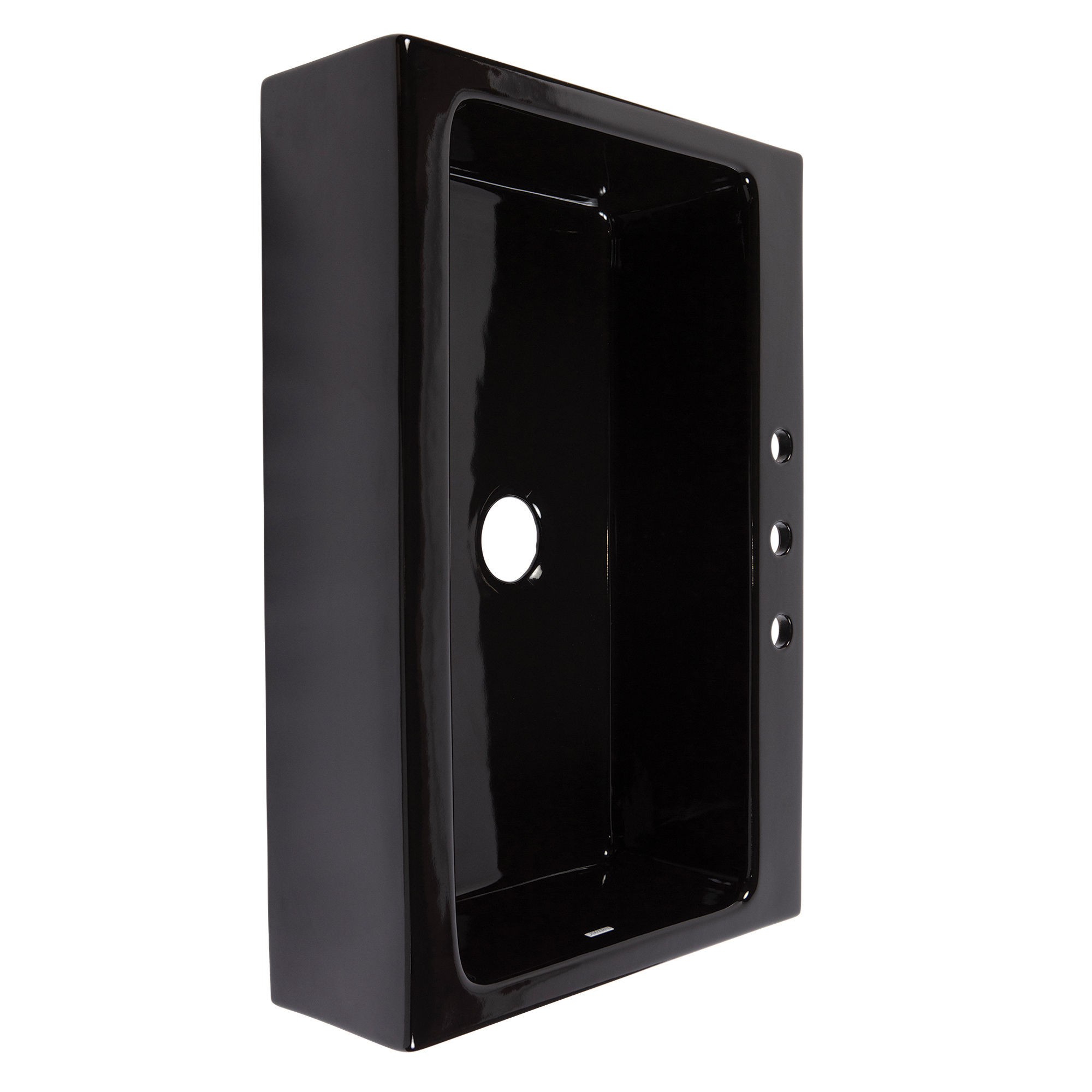 A glossy black rectangular Quick-Fit® drop-in farmhouse sink made in fireclay with 3 faucet holes and a 3.5" drain hole.