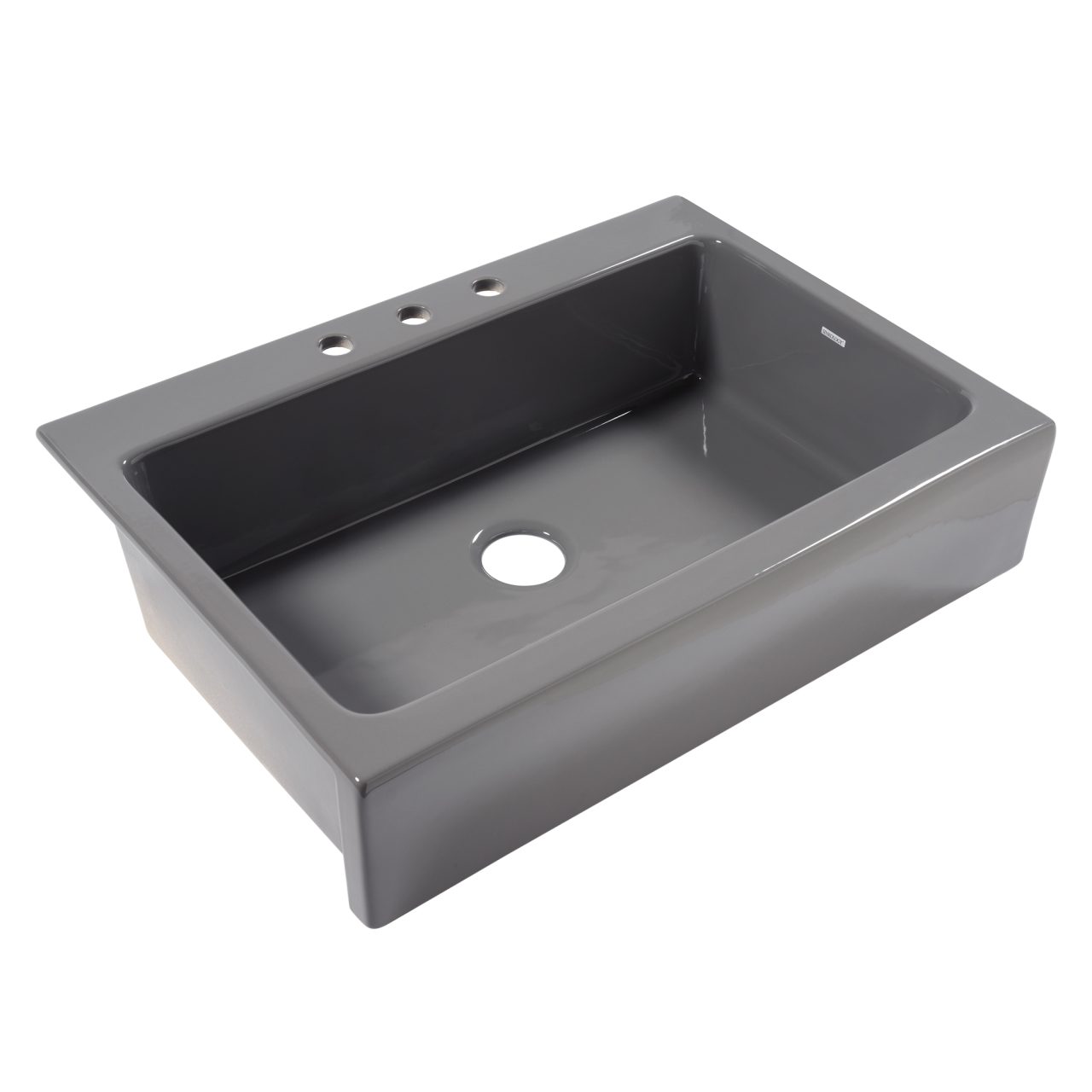 A glossy gray rectangular Quick-Fit® drop-in farmhouse sink made in fireclay with 3 faucet holes and a 3.5" drain hole.