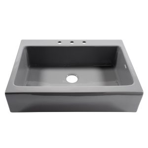 A glossy gray rectangular Quick-Fit® drop-in farmhouse sink made in fireclay with 3 faucet holes and a 3.5" drain hole.