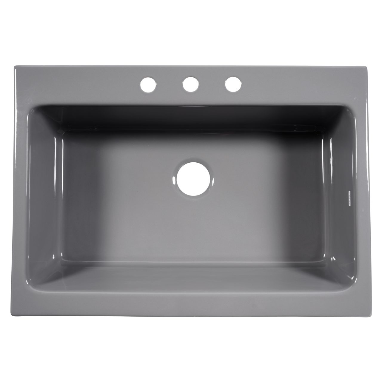 A glossy gray rectangular Quick-Fit® drop-in farmhouse sink made in fireclay with 3 faucet holes and a 3.5" drain hole.