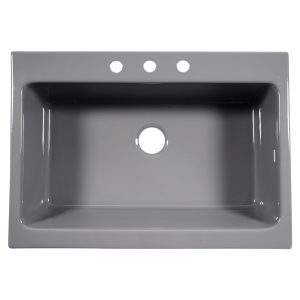 A glossy gray rectangular Quick-Fit® drop-in farmhouse sink made in fireclay with 3 faucet holes and a 3.5" drain hole.