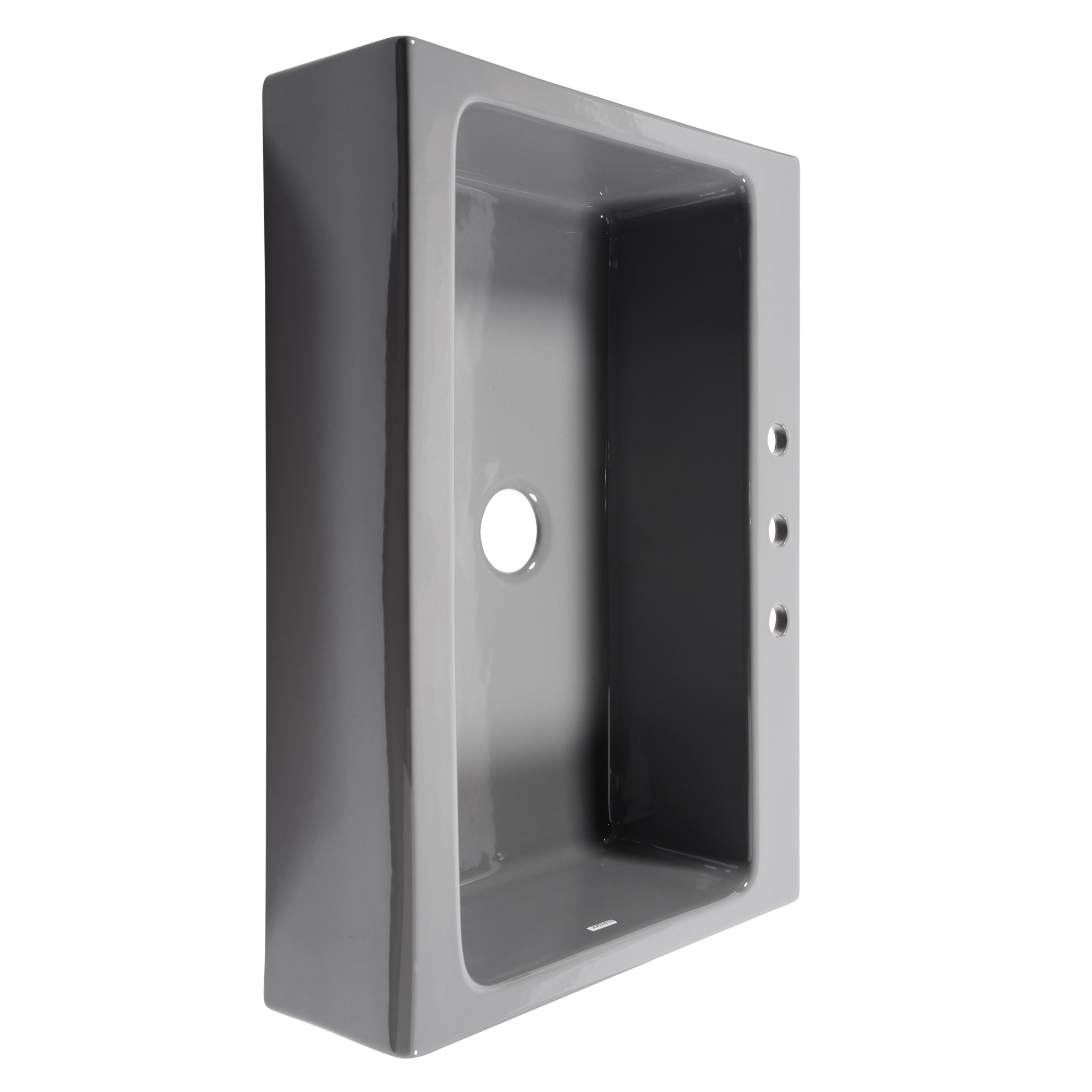 A glossy gray rectangular Quick-Fit® drop-in farmhouse sink made in fireclay with 3 faucet holes and a 3.5" drain hole.