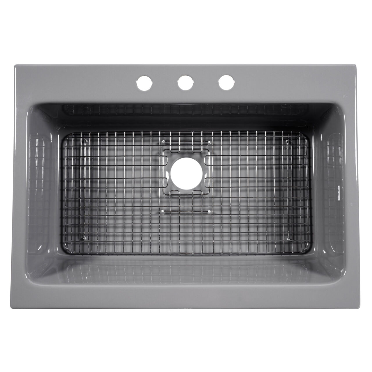 A glossy gray rectangular Quick-Fit® drop-in farmhouse sink made in fireclay with 3 faucet holes and a 3.5" drain hole with a stainless steel bottom grid.