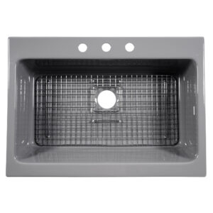 A glossy gray rectangular Quick-Fit® drop-in farmhouse sink made in fireclay with 3 faucet holes and a 3.5" drain hole with a stainless steel bottom grid.