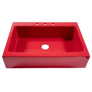 A glossy red rectangular Quick-Fit® drop-in farmhouse sink made in fireclay with 3 faucet holes and a 3.5" drain hole.
