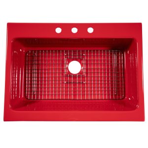 A glossy red rectangular Quick-Fit® drop-in farmhouse sink made in fireclay with 3 faucet holes and a 3.5" drain hole with a stainless steel bottom grid.