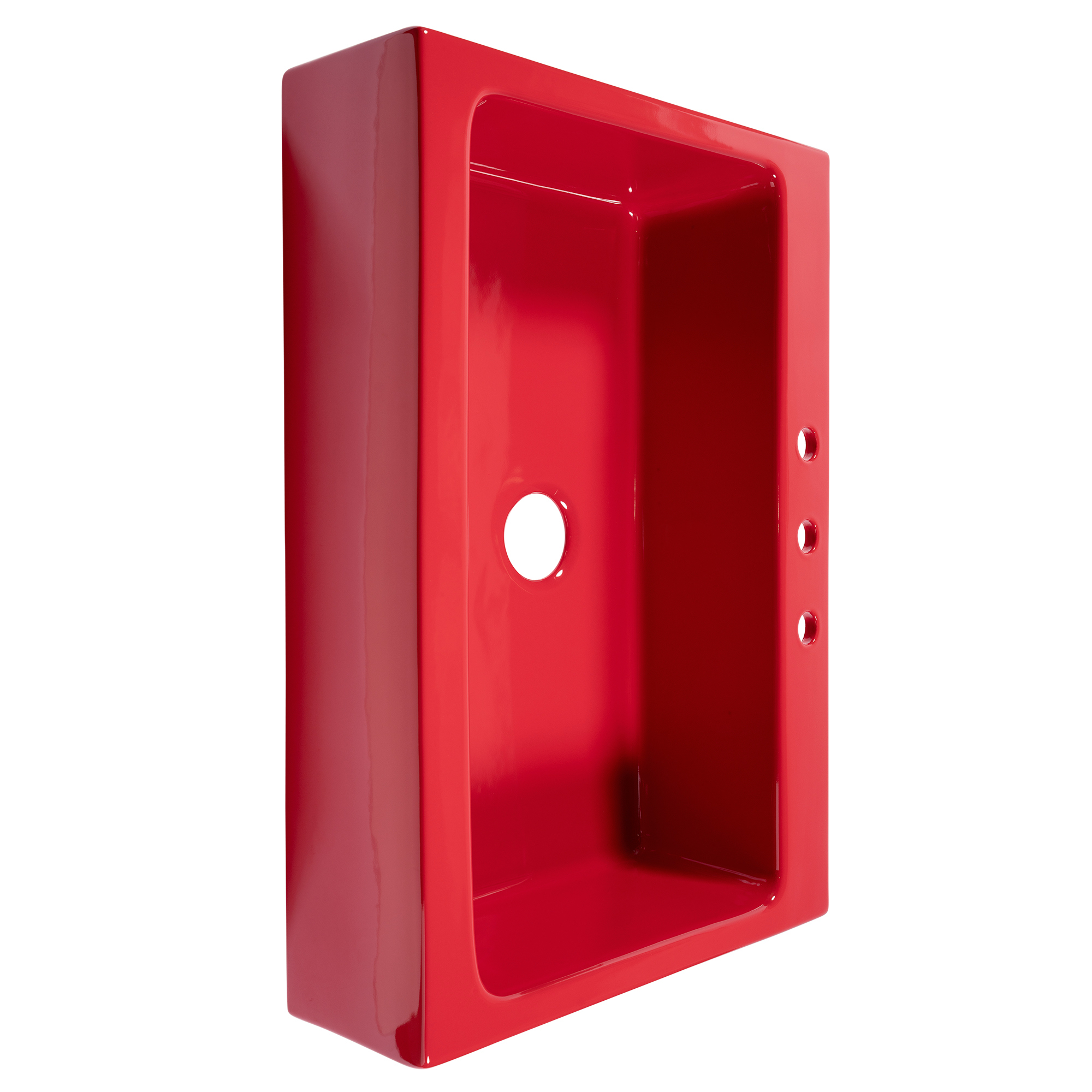A glossy red rectangular Quick-Fit® drop-in farmhouse sink made in fireclay with 3 faucet holes and a 3.5" drain hole.