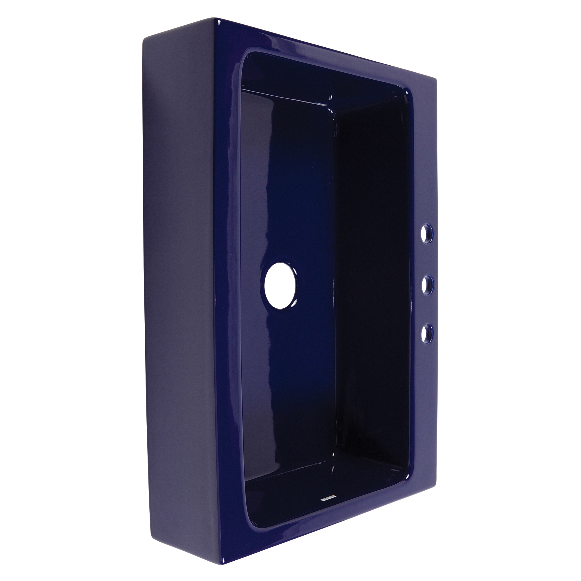 A glossy royal blue rectangular Quick-Fit® drop-in farmhouse sink made in fireclay with 3 faucet holes and a 3.5" drain hole.