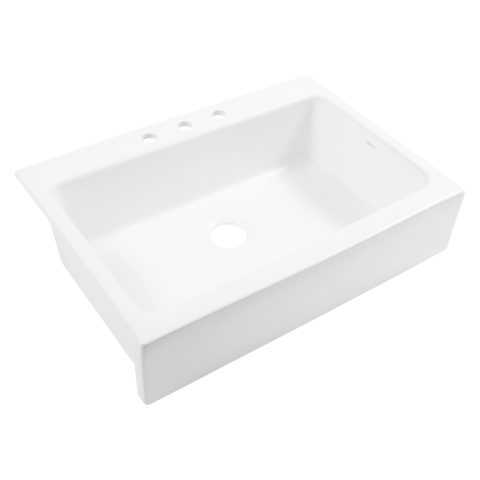 A glossy white rectangular Quick-Fit® drop-in farmhouse sink made in fireclay with 3 faucet holes and a 3.5" drain hole.