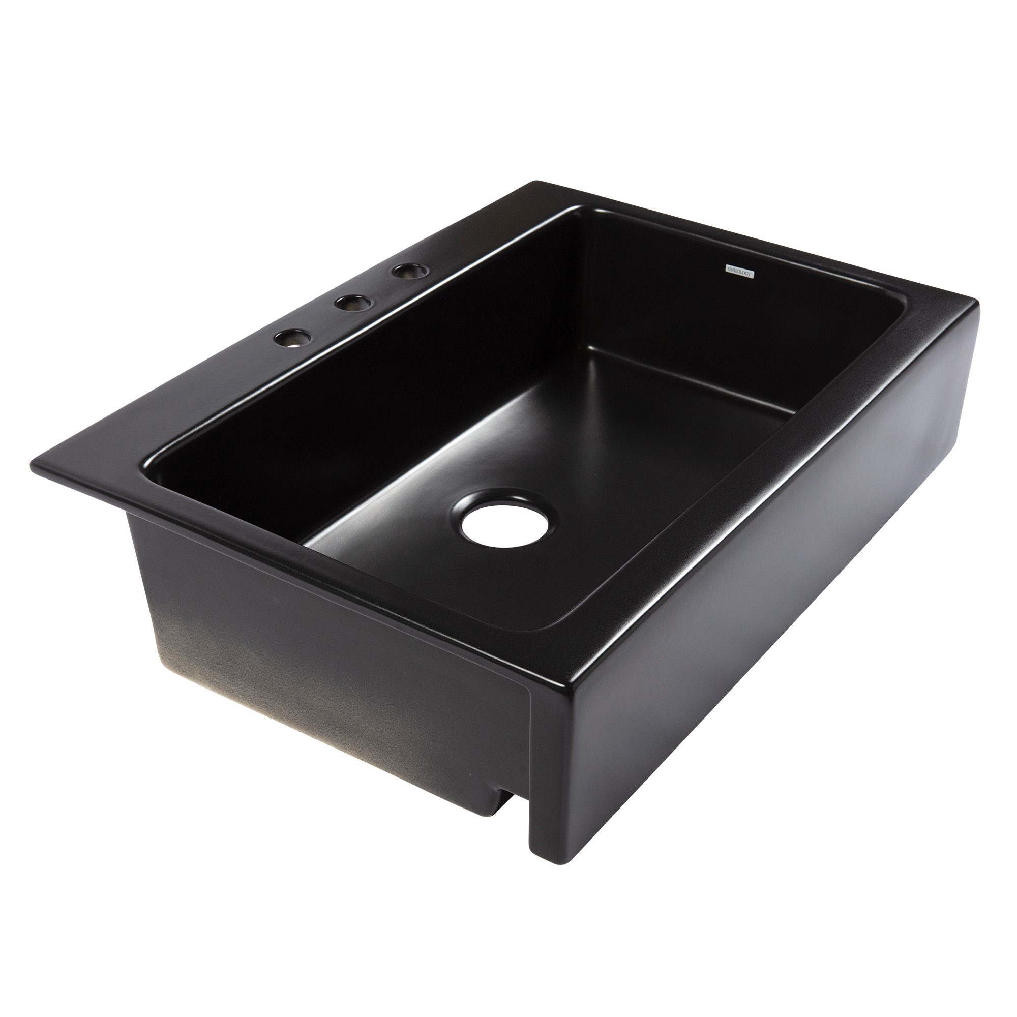 A matte black rectangular Quick-Fit® drop-in farmhouse sink made in fireclay with 3 faucet holes and a 3.5" drain hole.