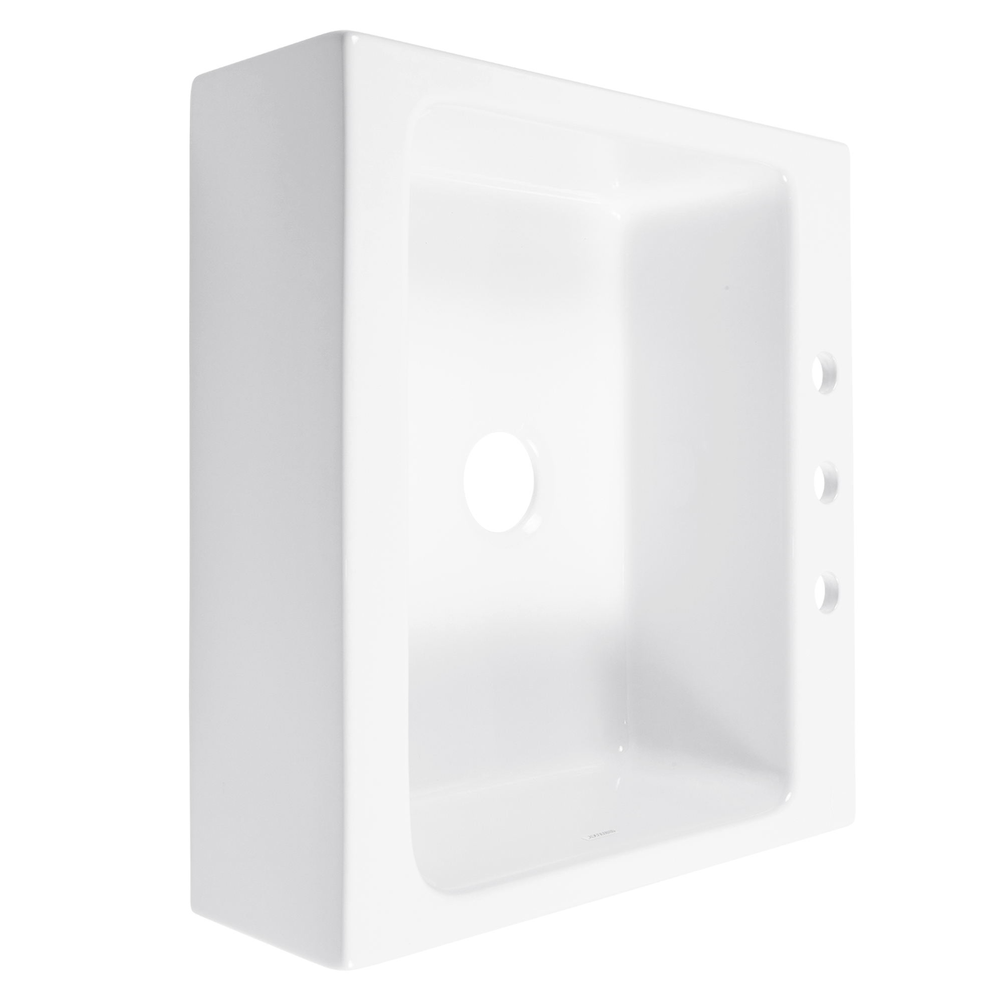 A glossy white rectangular Quick-Fit® drop-in farmhouse sink made in fireclay with 3 faucet holes and a 3.5" drain hole.