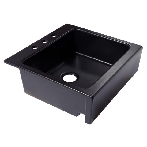 A matte black rectangular Quick-Fit® drop-in farmhouse sink made in fireclay with 3 faucet holes and a 3.5" drain hole.