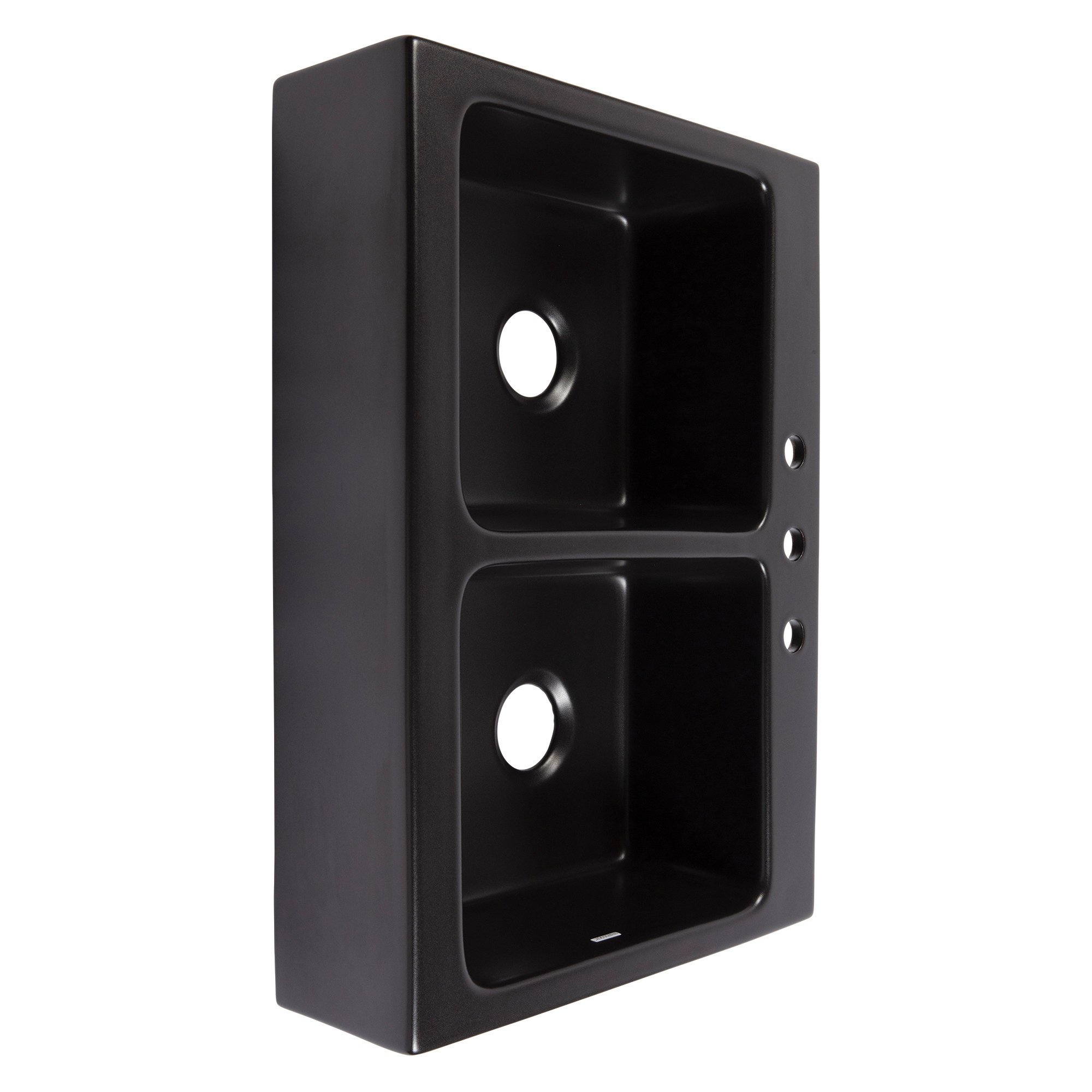 A matte black rectangular Quick-Fit® drop-in farmhouse sink made in fireclay with a 3.5" drain hole.