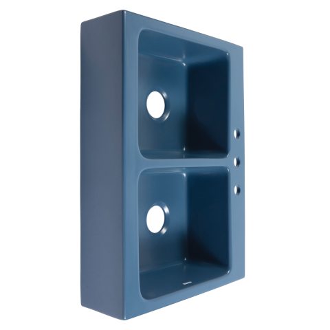 A matte blue rectangular Quick-Fit® drop-in farmhouse sink made in fireclay with a 3.5" drain hole.
