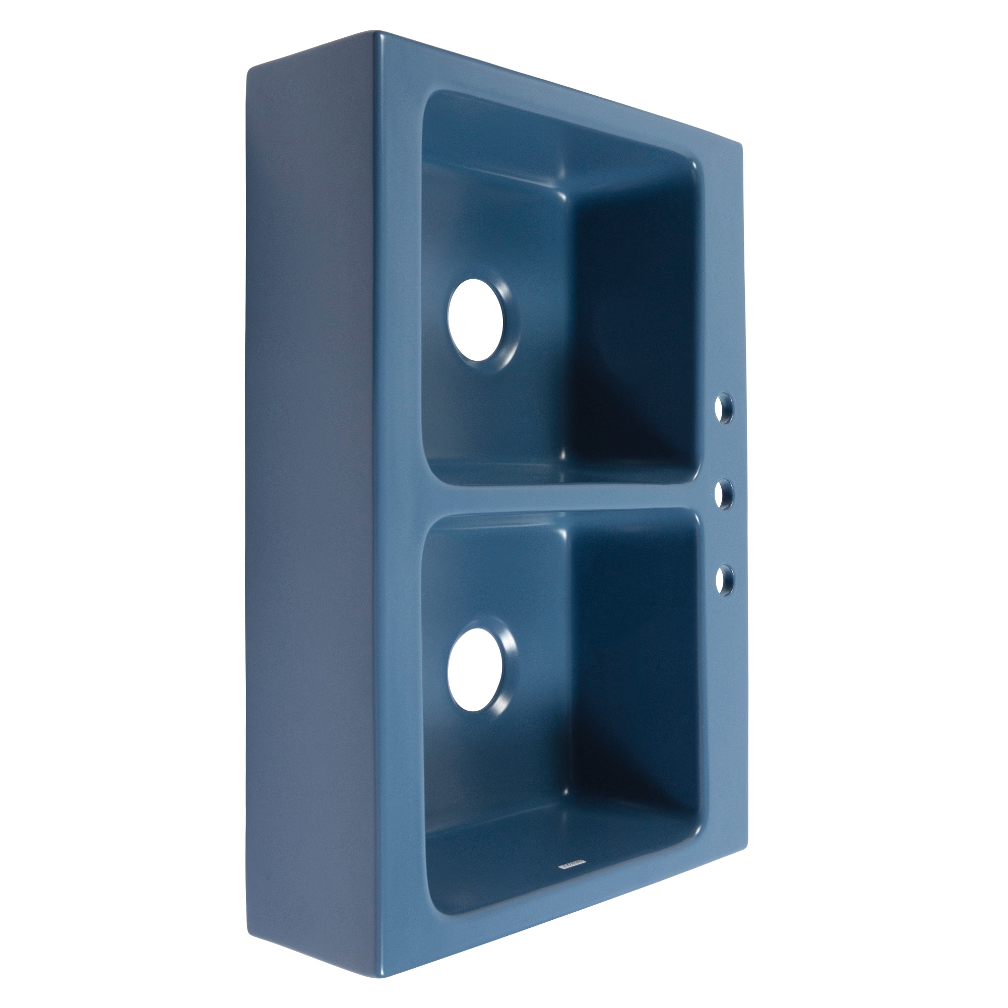 A matte blue rectangular Quick-Fit® drop-in farmhouse sink made in fireclay with a 3.5" drain hole.