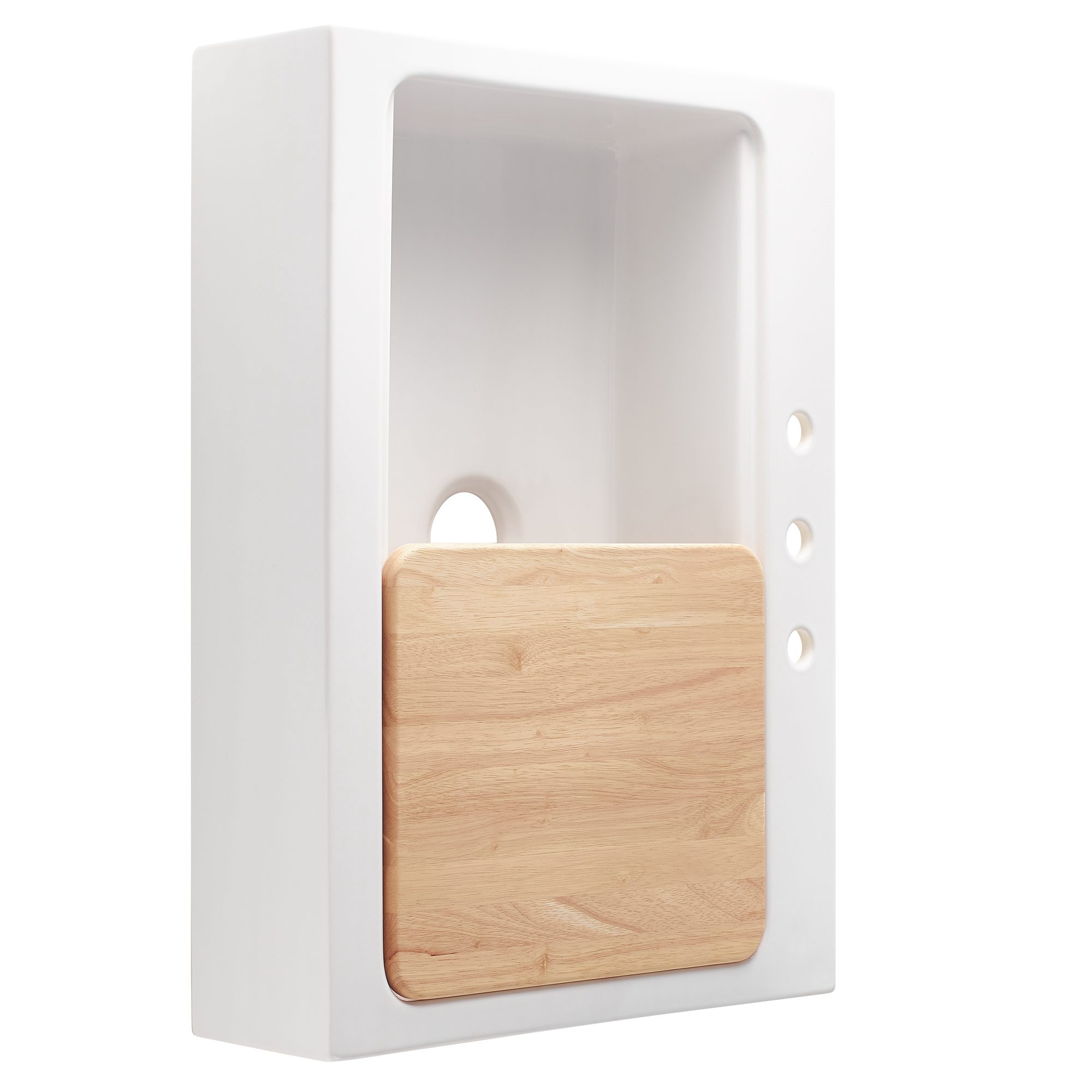 A glossy white rectangular Quick-Fit® drop-in workstation farmhouse sink made in fireclay with 3 faucet holes, wood cutting board and a 3.5" drain hole.