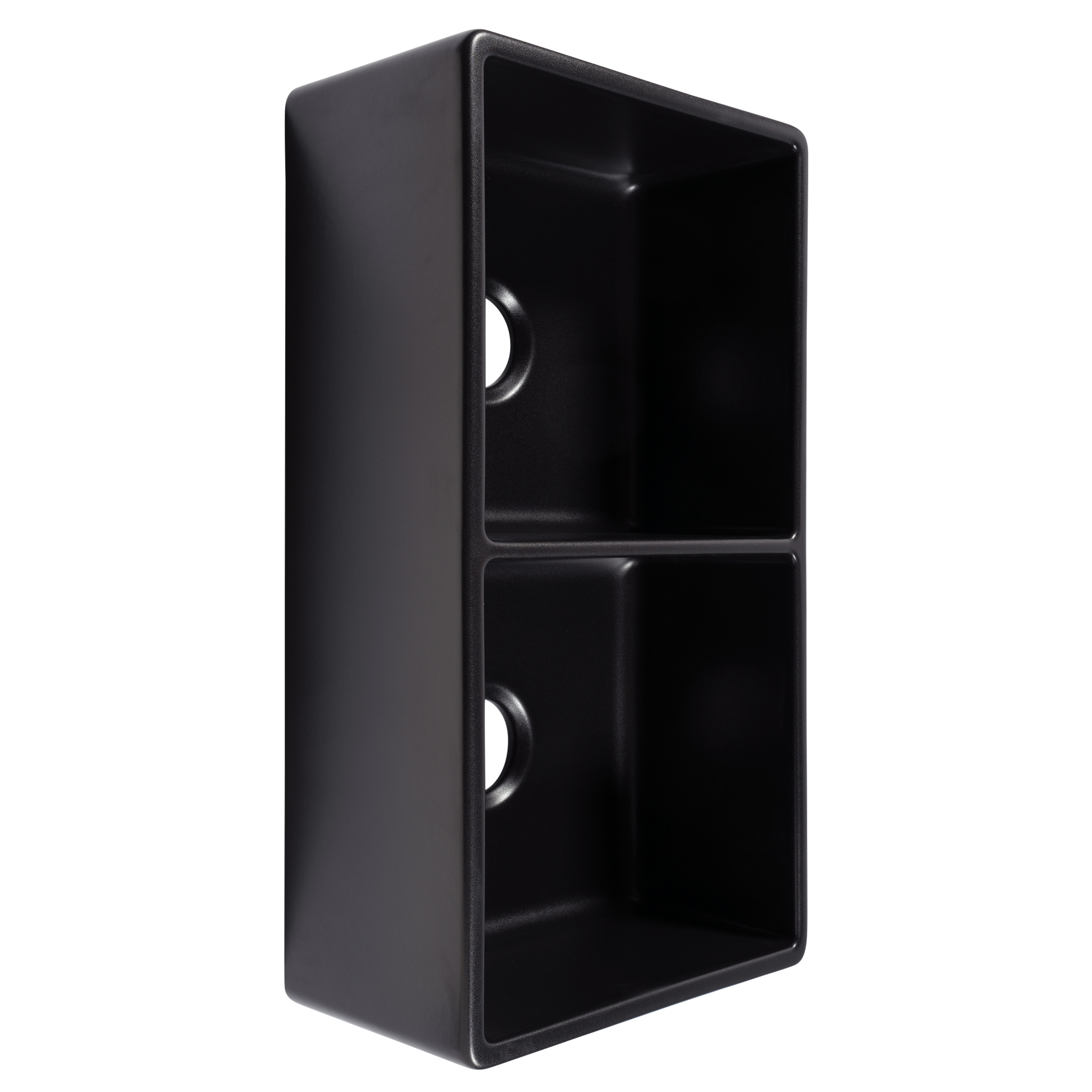 A matte black rectangular double bowl undermount farmhouse sink made in fireclay with a 3.5" drain hole.