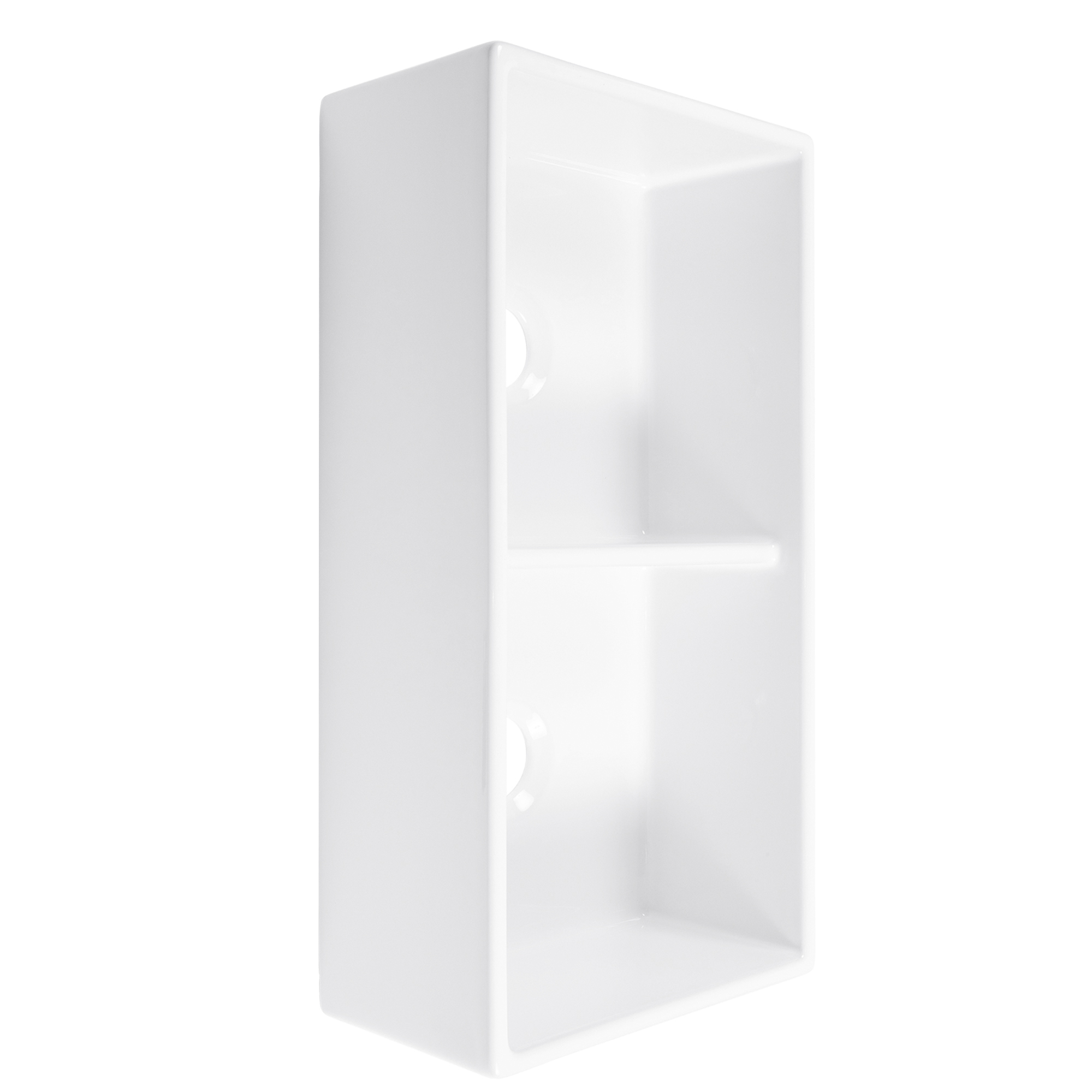 A glossy white rectangular double bowl undermount farmhouse sink made in fireclay.