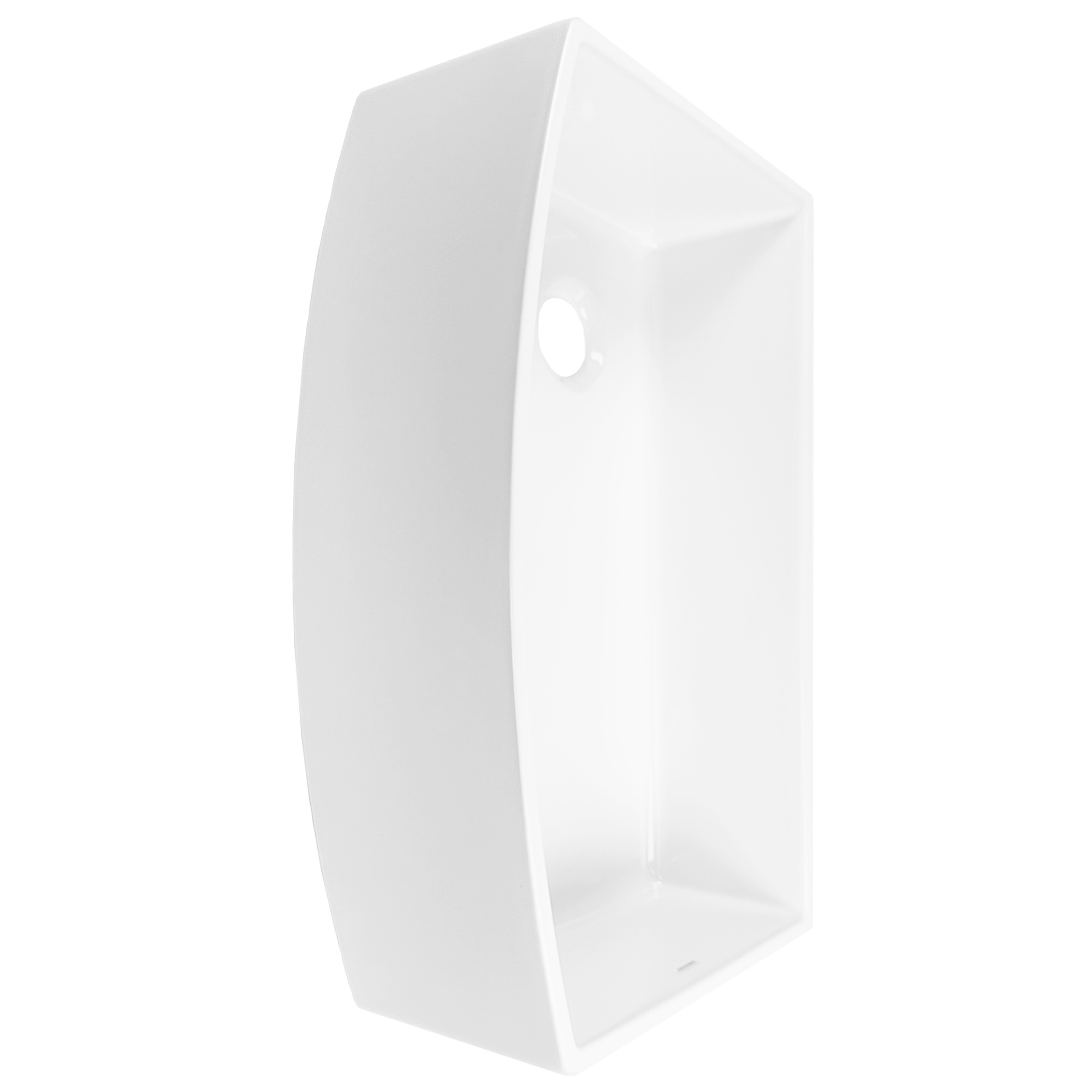 A glossy white rectangular undermount farmhouse sink with a curved front made in fireclay with a 3.5" drain hole.