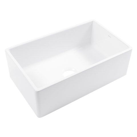 A glossy white rectangular undermount farmhouse sink made in fireclay.