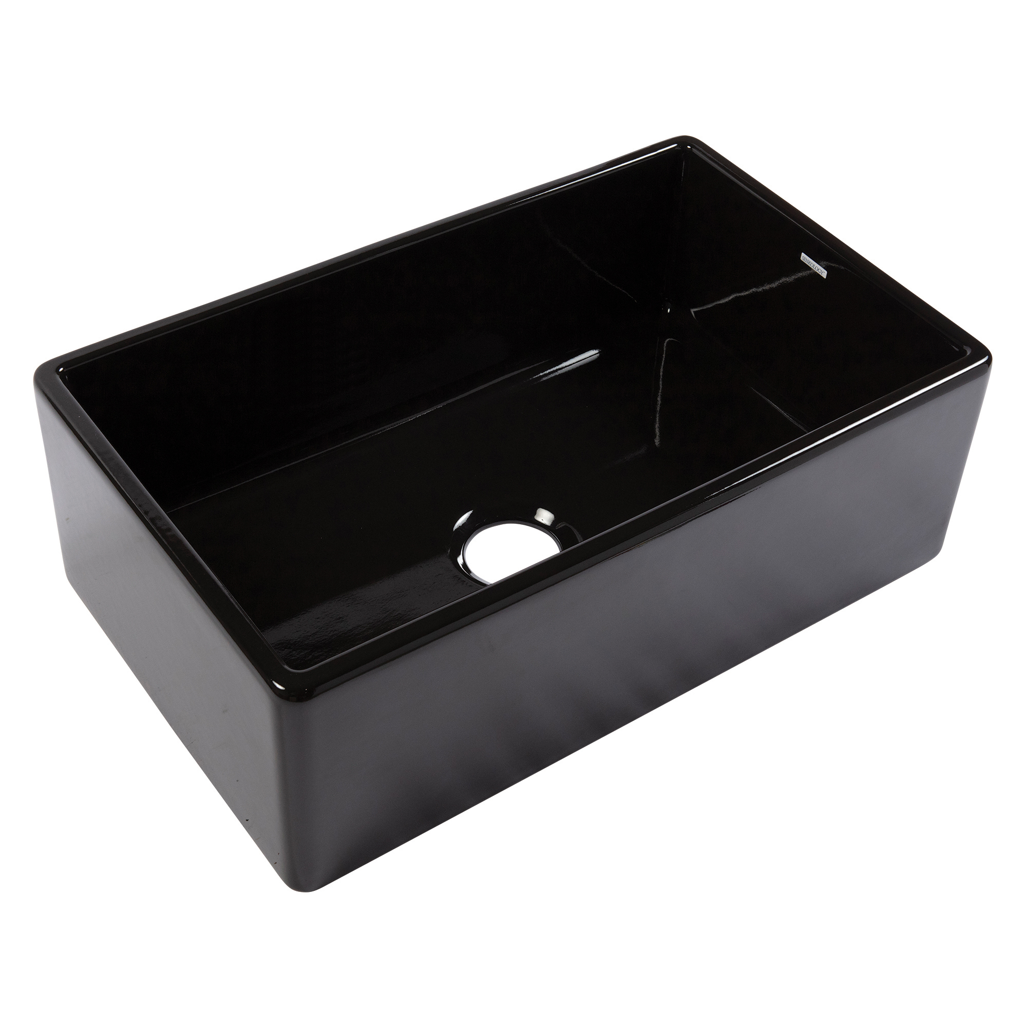 A glossy black rectangular undermount farmhouse sink made in fireclay with a 3.5" drain hole.