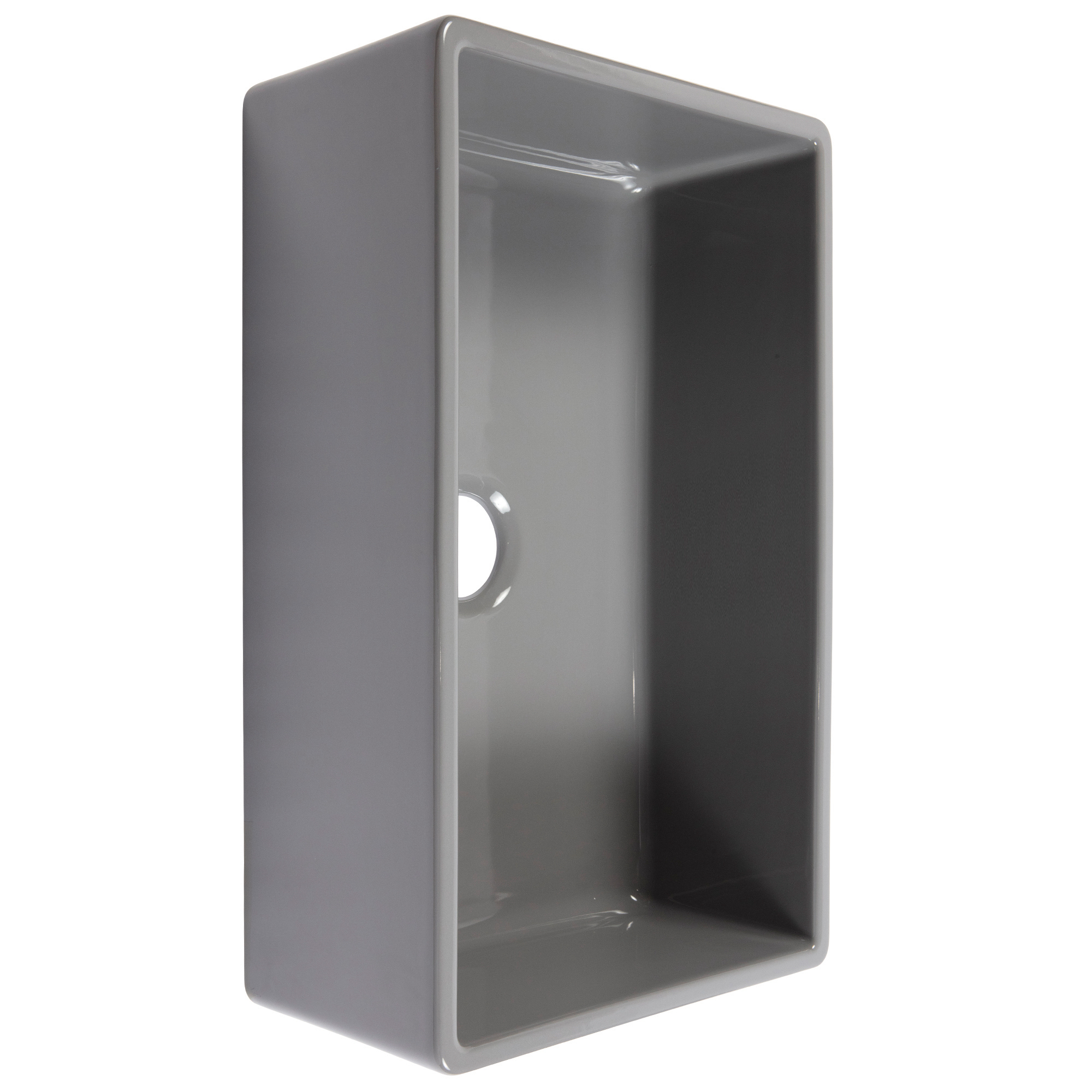 A glossy gray rectangular undermount farmhouse sink made in fireclay with a 3.5" drain hole.