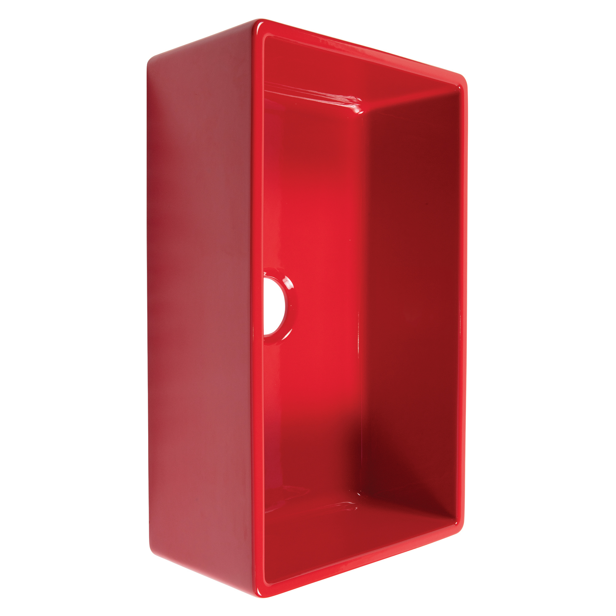 A glossy red rectangular undermount farmhouse sink made in fireclay with a 3.5" drain hole.