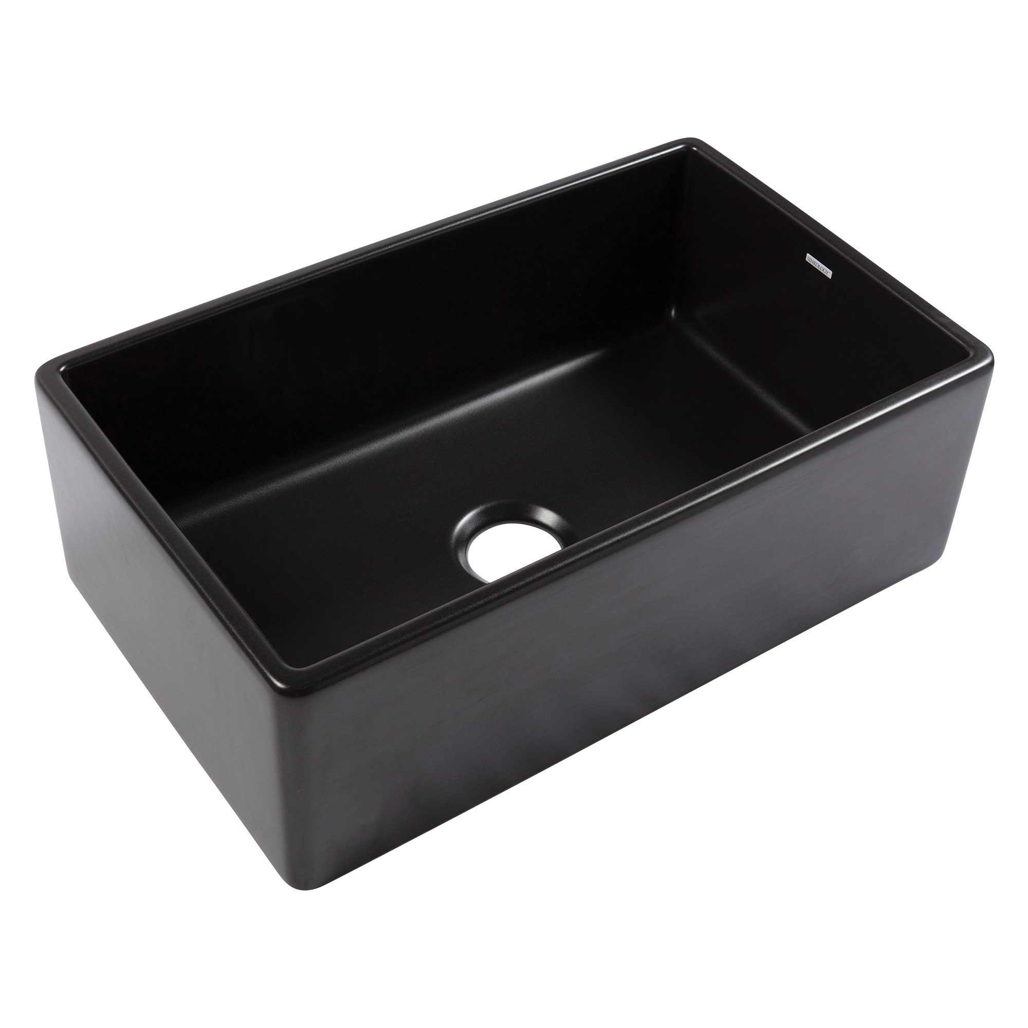 A matte black rectangular undermount farmhouse sink made in fireclay with a 3.5" drain hole.
