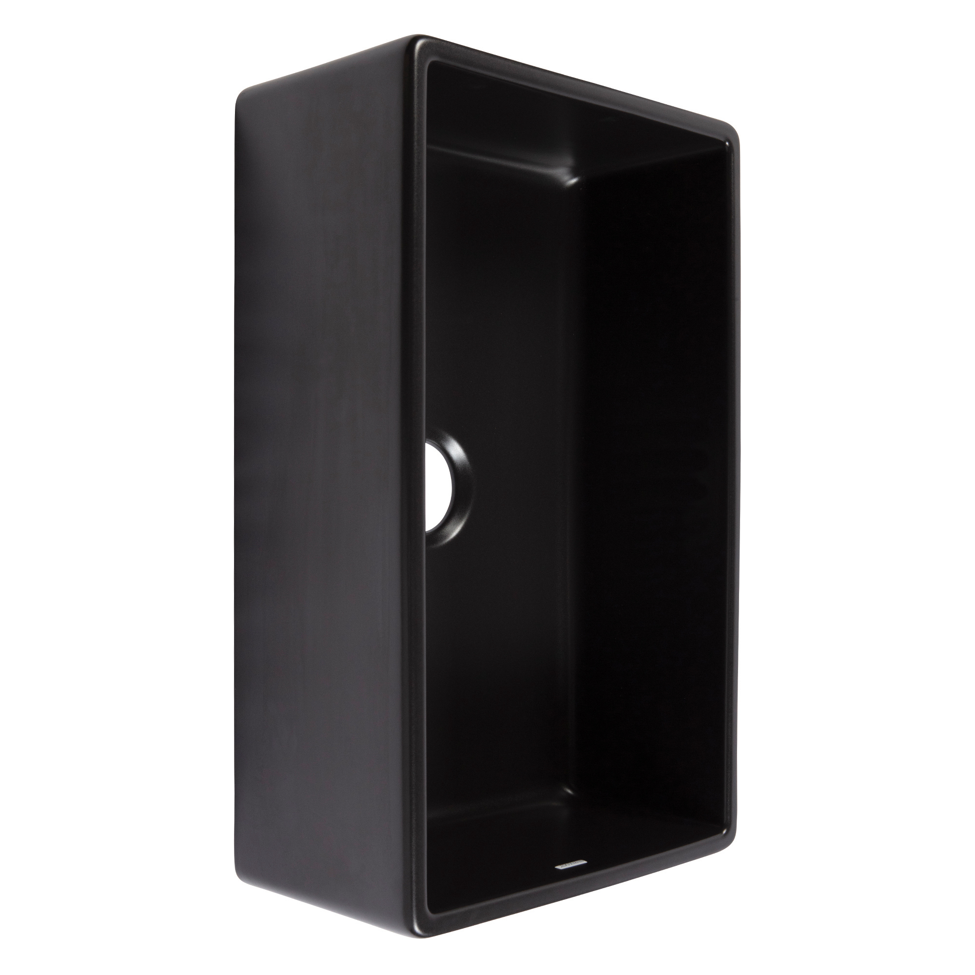 A matte black rectangular undermount farmhouse sink made in fireclay with a 3.5" drain hole.