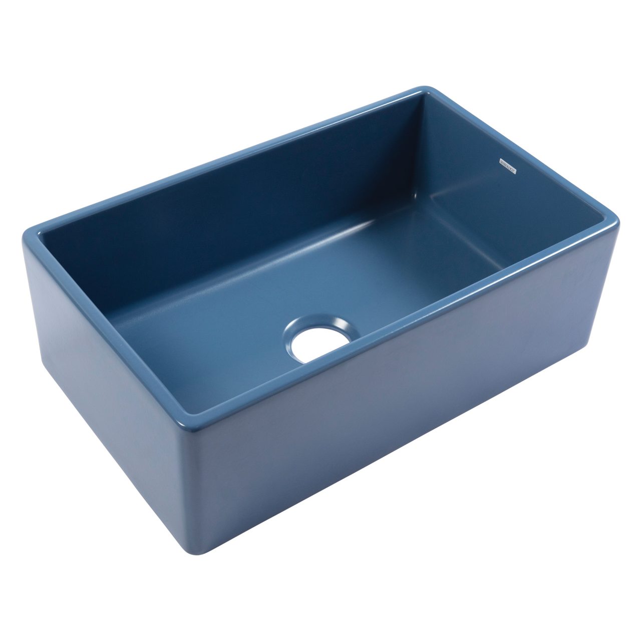 A matte blue rectangular undermount farmhouse sink made in fireclay with a 3.5" drain hole.