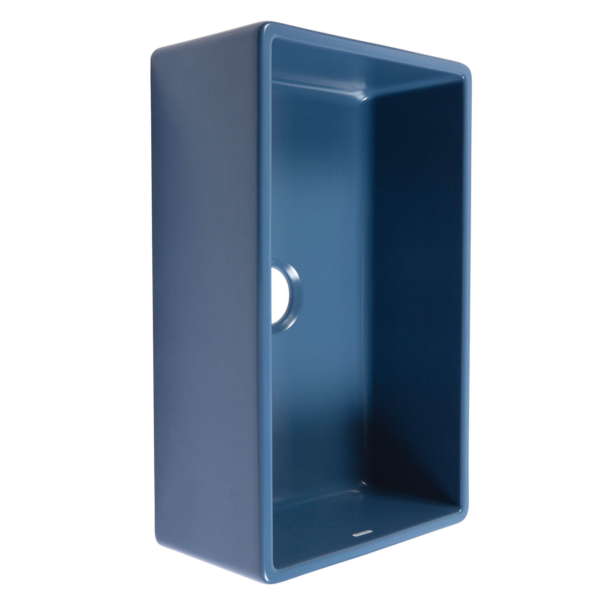 A matte blue rectangular undermount farmhouse sink made in fireclay with a 3.5" drain hole.