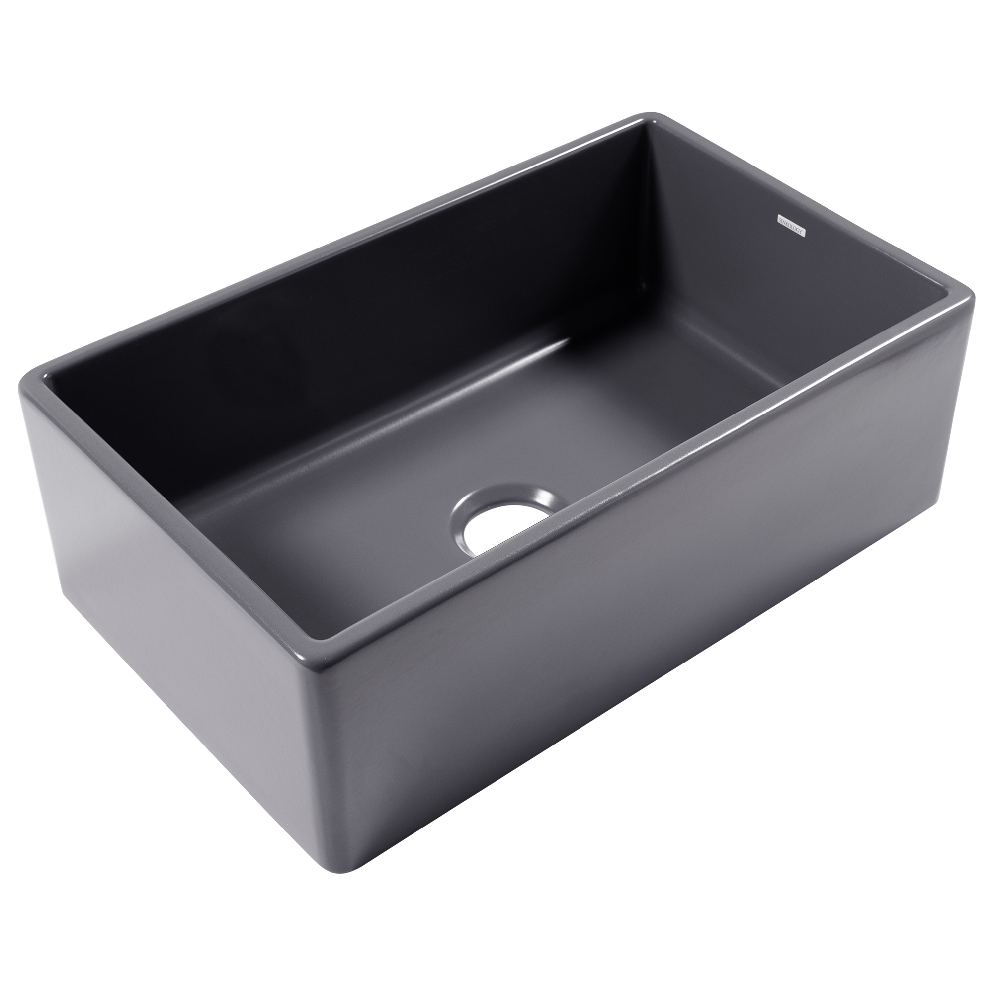 A matte gray rectangular undermount farmhouse sink made in fireclay with a 3.5" drain hole.